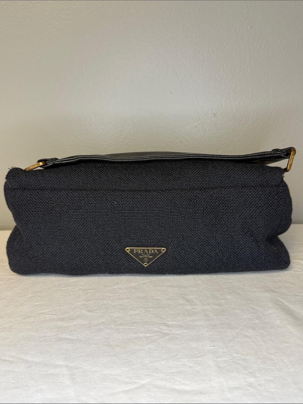 Prada Runway Black Canapa Fabric Leather Mini Pochette Shoulder Bag Italy